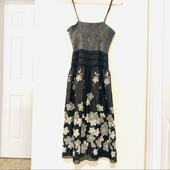 Max Studio Y2K Black Cream Flowered Crinkle midi Sundress S - Picture 1 of 6